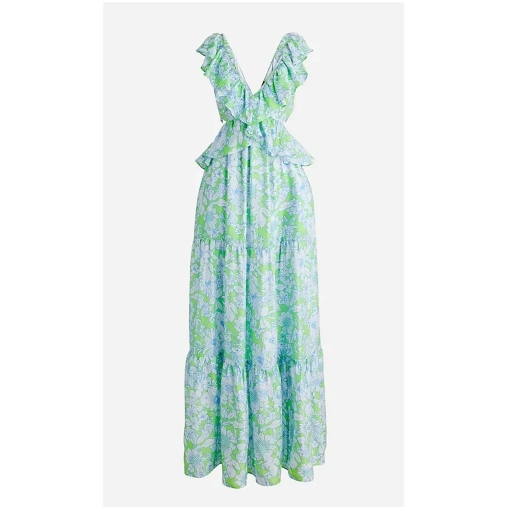 J.Crew Collection ruffle-trim cutout maxi dress in lime floral - Picture 4 of 12